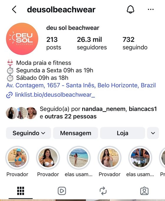 Perfil da Deu Sol Beachwear hoje, com 26,3 mil seguidores